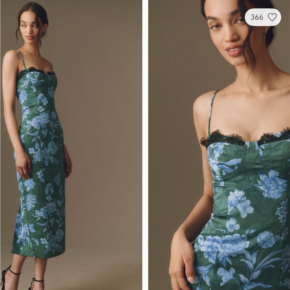 Anthropologie Green Floral Satin Midi Dress with Blue Bloom Print